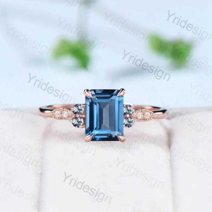PENFINE Rings Vintage Emerald Cut London Blue Topaz Ring Set Silver Rose Gold Unique Topaz Alexandrite Engagement Ring Art Deco Wedding Ring Set For Women PENFINE Rings Vintage Emerald Cut London Blue Topaz Ring Set Silver Rose Gold Unique Topaz Alexandrite Engagement Ring Art Deco Wedding Ring Set For Women