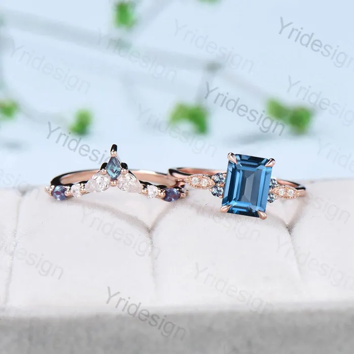 PENFINE Rings Vintage Emerald Cut London Blue Topaz Ring Set Silver Rose Gold Unique Topaz Alexandrite Engagement Ring Art Deco Wedding Ring Set For Women PENFINE Rings Vintage Emerald Cut London Blue Topaz Ring Set Silver Rose Gold Unique Topaz Alexandrite Engagement Ring Art Deco Wedding Ring Set For Women
