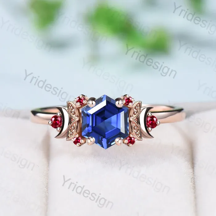 PENFINE Rings Vintage Moon Sapphire engagement ring unique hexagon cut blue sapphire wedding ring rose gold leaf cluster ruby ring art deco handmade ring PENFINE Rings Vintage Moon Sapphire engagement ring unique hexagon cut blue sapphire wedding ring rose gold leaf cluster ruby ring art deco handmade ring