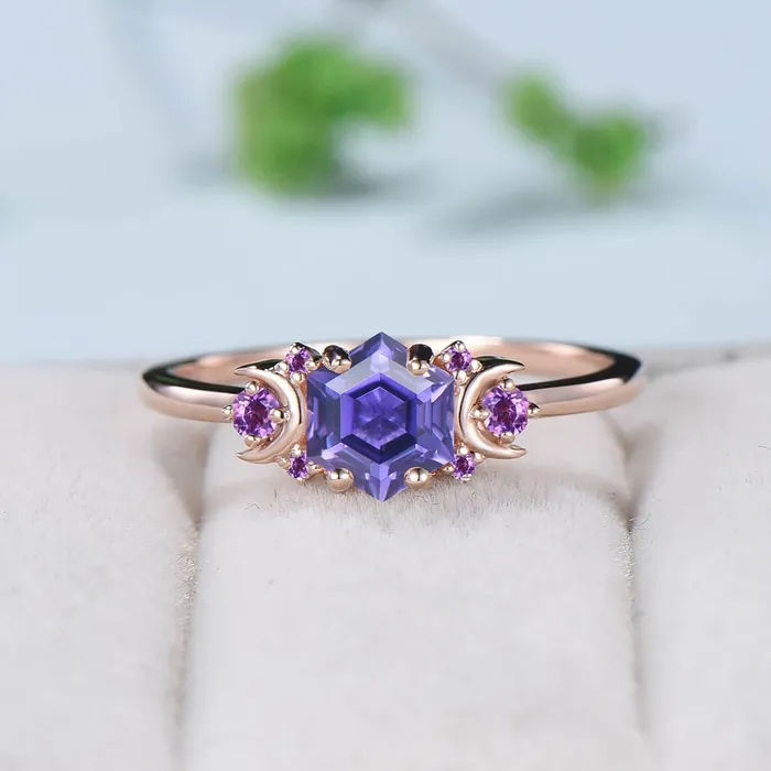 PENFINE Rings Vintage Purple Sapphire Engagement Ring Unique Hexagon Amethyst Moon Wedding Ring Women February Birthstone Gift Purple Crystal Promise Ring PENFINE Rings Vintage Purple Sapphire Engagement Ring Unique Hexagon Amethyst Moon Wedding Ring Women February Birthstone Gift Purple Crystal Promise Ring
