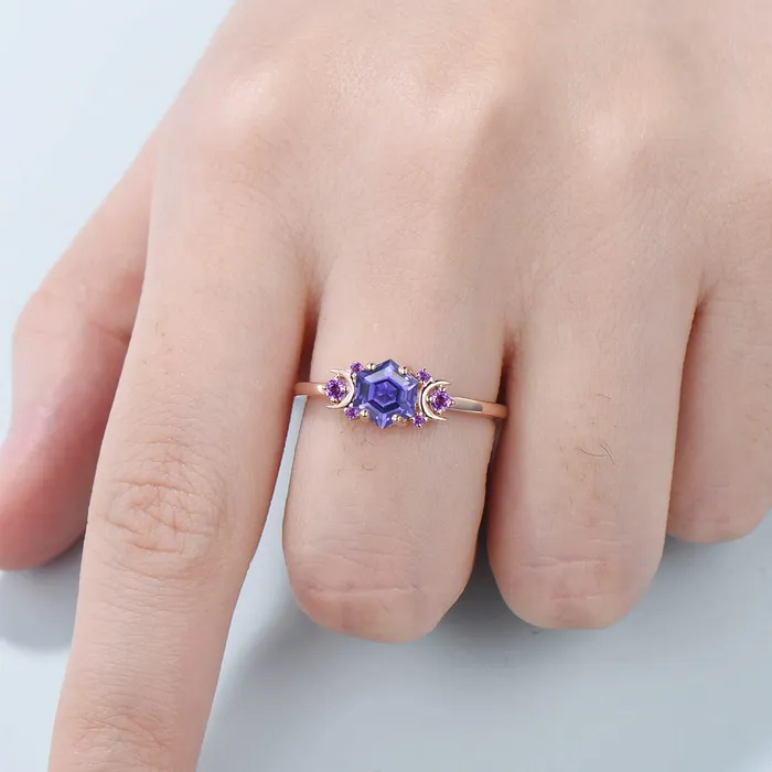 PENFINE Rings Vintage Purple Sapphire Engagement Ring Unique Hexagon Amethyst Moon Wedding Ring Women February Birthstone Gift Purple Crystal Promise Ring PENFINE Rings Vintage Purple Sapphire Engagement Ring Unique Hexagon Amethyst Moon Wedding Ring Women February Birthstone Gift Purple Crystal Promise Ring