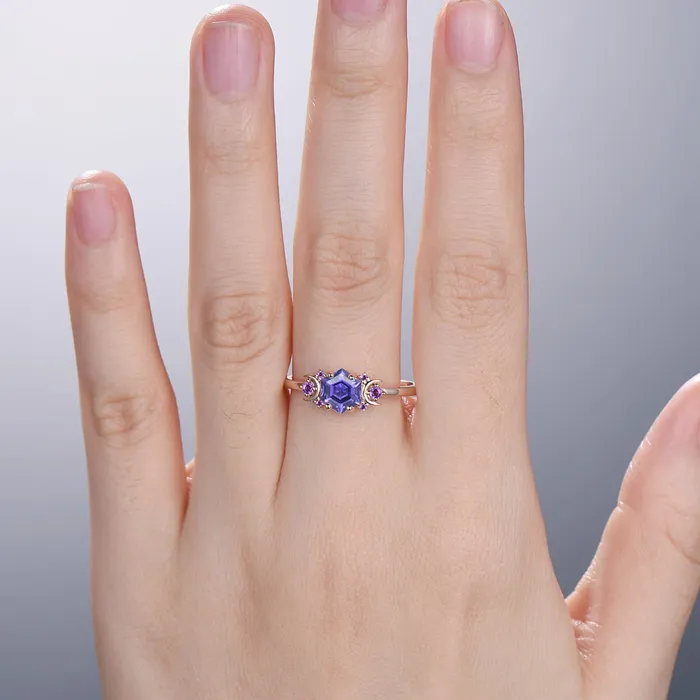PENFINE Rings Vintage Purple Sapphire Engagement Ring Unique Hexagon Amethyst Moon Wedding Ring Women February Birthstone Gift Purple Crystal Promise Ring PENFINE Rings Vintage Purple Sapphire Engagement Ring Unique Hexagon Amethyst Moon Wedding Ring Women February Birthstone Gift Purple Crystal Promise Ring