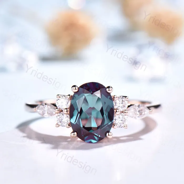 PENFINE Vintage Alexandrite Engagement Ring Rose Gold Cluster Alexandrite Wedding Ring Anniversary Rings For Her Bridal Promise Anniversary Gift Rings