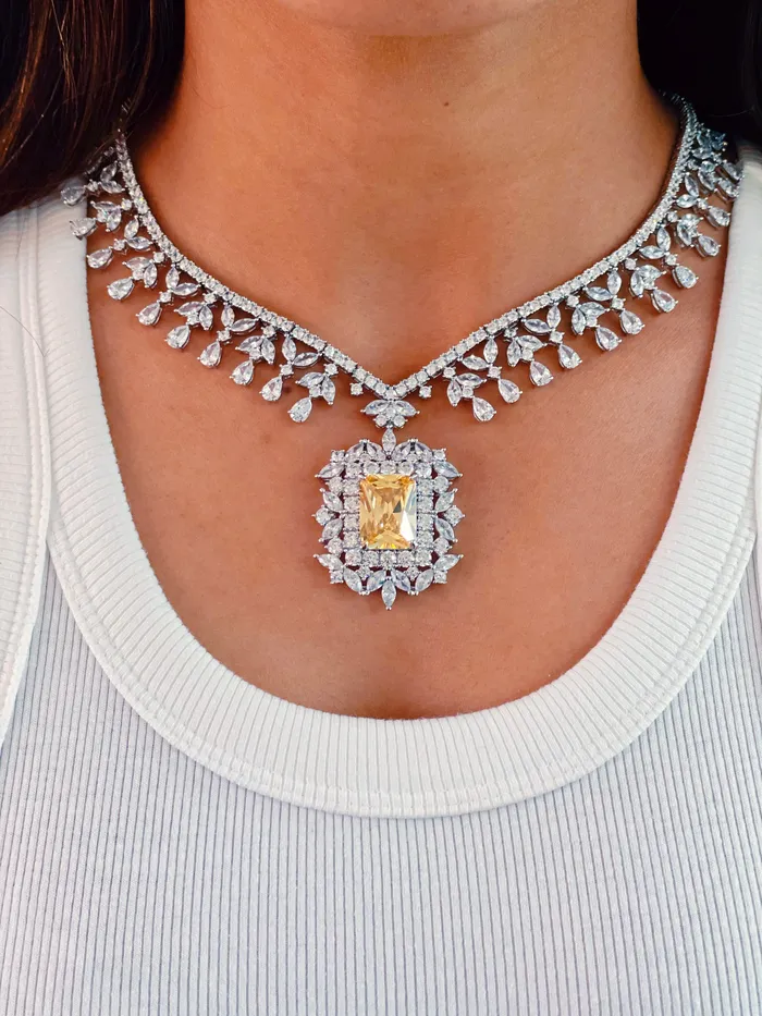 PRERTO ECOMMERCE PRIVATE LIMITED Earrings Rosy Diamonte Citrine Set Earrings Necklace PRERTO ECOMMERCE PRIVATE LIMITED Earrings Rosy Diamonte Citrine Set Earrings Necklace