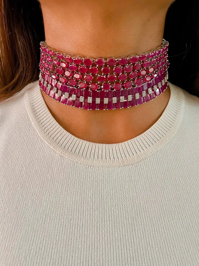 PRERTO ECOMMERCE PRIVATE LIMITED Maharani Magenta Kate Baguette Magenta Diamonte Choker Set Earrings Necklace Earrings PRERTO ECOMMERCE PRIVATE LIMITED Maharani Magenta Kate Baguette Magenta Diamonte Choker Set Earrings Necklace Earrings