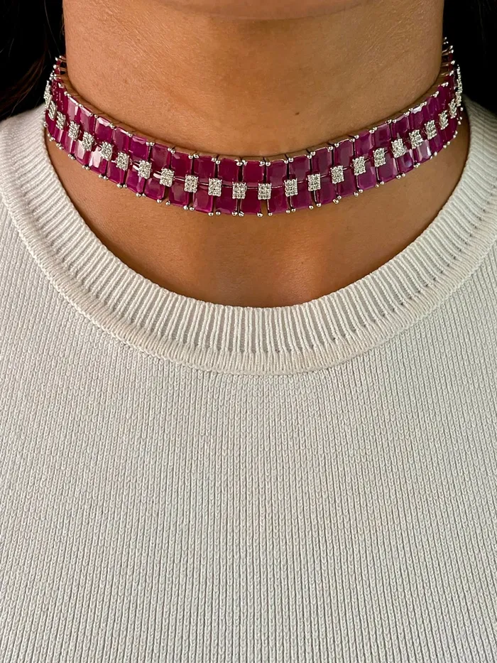 PRERTO ECOMMERCE PRIVATE LIMITED Maharani Magenta Kate Baguette Magenta Diamonte Choker Set Earrings Necklace Earrings