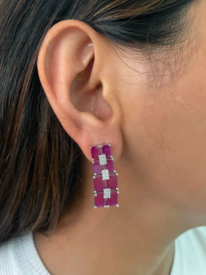 PRERTO ECOMMERCE PRIVATE LIMITED Maharani Magenta Kate Baguette Magenta Diamonte Choker Set Earrings Necklace Earrings
