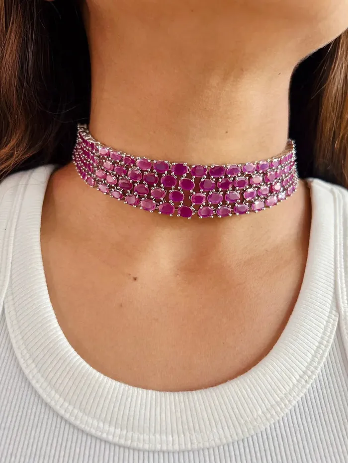 PRERTO ECOMMERCE PRIVATE LIMITED Maharani Magenta Kate Baguette Magenta Diamonte Choker Set Earrings Necklace Earrings