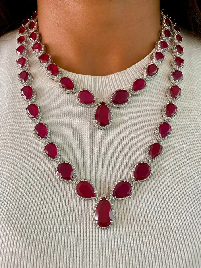 PRERTO ECOMMERCE PRIVATE LIMITED Necklaces 2 Layer Statement Ruby Tear Drop Necklace Set Necklace Earrings PRERTO ECOMMERCE PRIVATE LIMITED Necklaces 2 Layer Statement Ruby Tear Drop Necklace Set Necklace Earrings