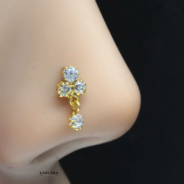 Real Gold Nose stud In 14k With Four White Stones in Dangle Style with Push Pin Karizma Jewels Earrings Real Gold Nose stud In 14k With Four White Stones in Dangle Style with Push Pin Karizma Jewels Earrings