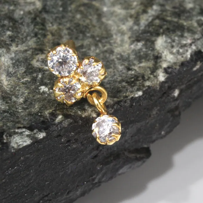 Real Gold Nose stud In 14k With Four White Stones in Dangle Style with Push Pin Karizma Jewels Earrings