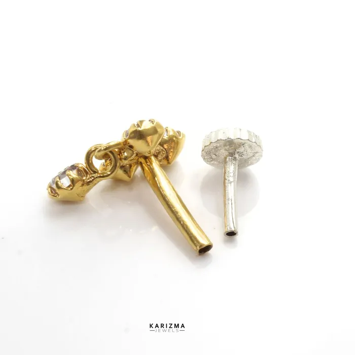 Real Gold Nose stud In 14k With Four White Stones in Dangle Style with Push Pin Karizma Jewels Earrings