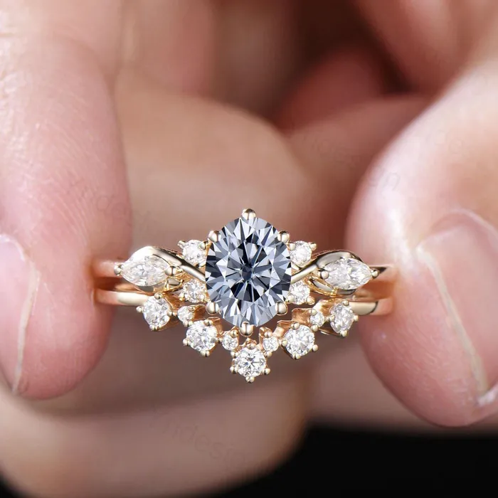 Rings 1 Carat Oval Gray Moissanite Engagement Ring Set Cluster Marquise Moissanite Diamond Bridal Ring Set Unique Twisted Moissanite Bridal Set PENFINE Rings 1 Carat Oval Gray Moissanite Engagement Ring Set Cluster Marquise Moissanite Diamond Bridal Ring Set Unique Twisted Moissanite Bridal Set PENFINE