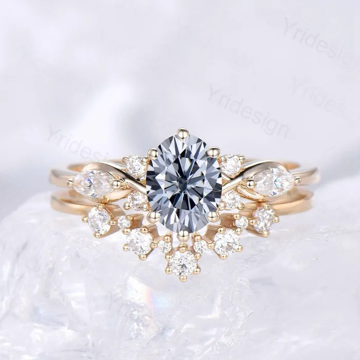 Rings 1 Carat Oval Gray Moissanite Engagement Ring Set Cluster Marquise Moissanite Diamond Bridal Ring Set Unique Twisted Moissanite Bridal Set PENFINE Rings 1 Carat Oval Gray Moissanite Engagement Ring Set Cluster Marquise Moissanite Diamond Bridal Ring Set Unique Twisted Moissanite Bridal Set PENFINE