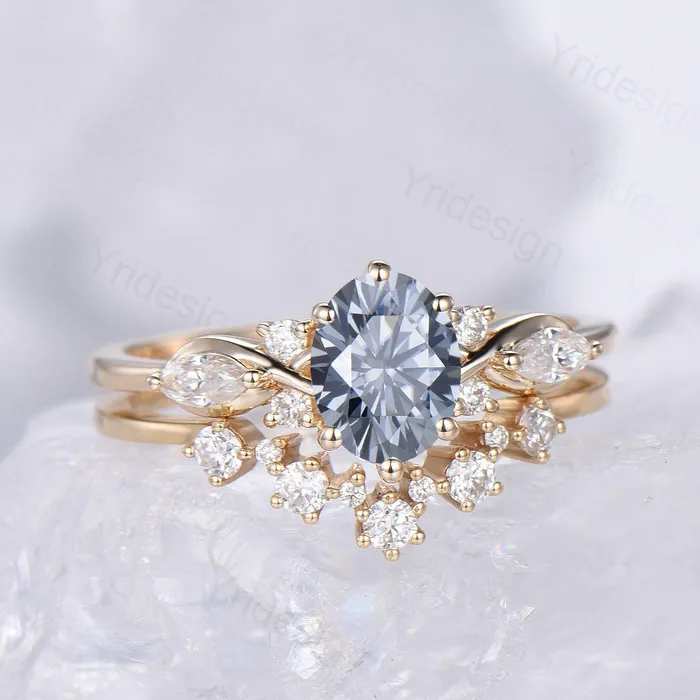 Rings 1 Carat Oval Gray Moissanite Engagement Ring Set Cluster Marquise Moissanite Diamond Bridal Ring Set Unique Twisted Moissanite Bridal Set PENFINE Rings 1 Carat Oval Gray Moissanite Engagement Ring Set Cluster Marquise Moissanite Diamond Bridal Ring Set Unique Twisted Moissanite Bridal Set PENFINE