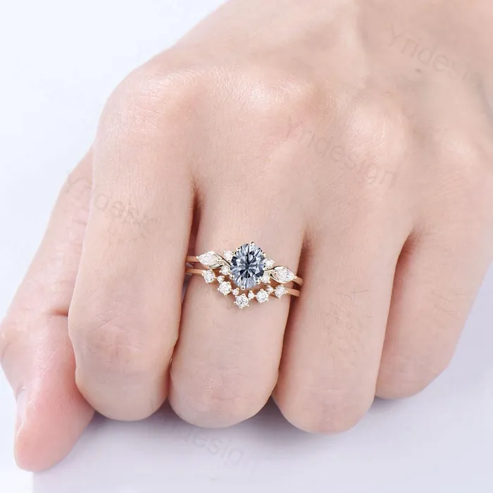 Rings 1 Carat Oval Gray Moissanite Engagement Ring Set Cluster Marquise Moissanite Diamond Bridal Ring Set Unique Twisted Moissanite Bridal Set PENFINE Rings 1 Carat Oval Gray Moissanite Engagement Ring Set Cluster Marquise Moissanite Diamond Bridal Ring Set Unique Twisted Moissanite Bridal Set PENFINE