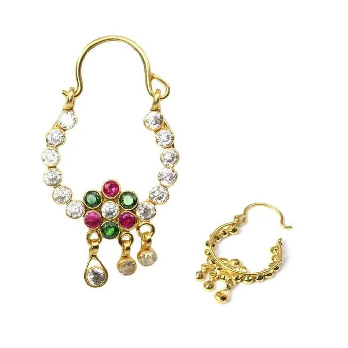 Rings Big Traditional Indian Nath Multi CZ Hoop Nose Stud Left Nose Ring 14k Real Gold Karizma Jewels Rings Big Traditional Indian Nath Multi CZ Hoop Nose Stud Left Nose Ring 14k Real Gold Karizma Jewels
