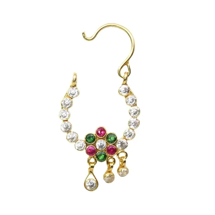 Rings Big Traditional Indian Nath Multi CZ Hoop Nose Stud Left Nose Ring 14k Real Gold Karizma Jewels