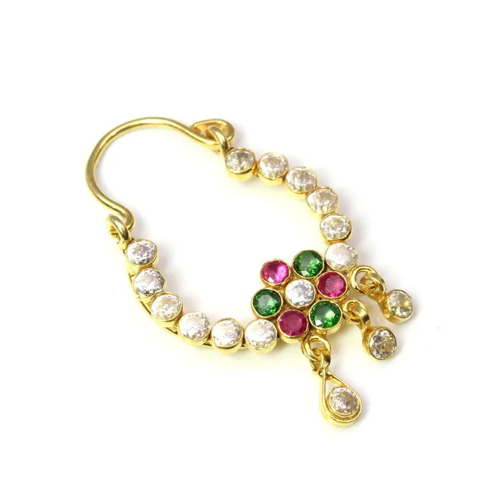 Rings Big Traditional Indian Nath Multi CZ Hoop Nose Stud Left Nose Ring 14k Real Gold Karizma Jewels