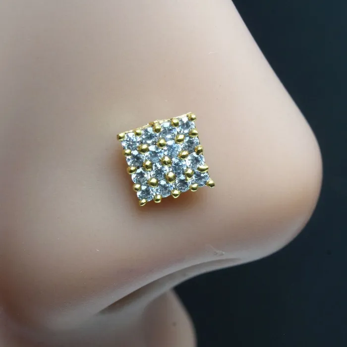 Rings Karizma Jewels Ethnic Square Nose ring White CZ studded gold plated Piercing Nose stud push pin