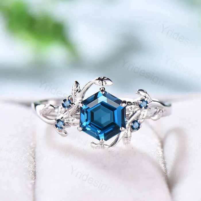 Rings PENFINE Twig London Blue Topaz Ring Vintage Hexagon cut Natural Inspired Leaf engagement ring white gold branch wedding ring November birthstone Rings PENFINE Twig London Blue Topaz Ring Vintage Hexagon cut Natural Inspired Leaf engagement ring white gold branch wedding ring November birthstone