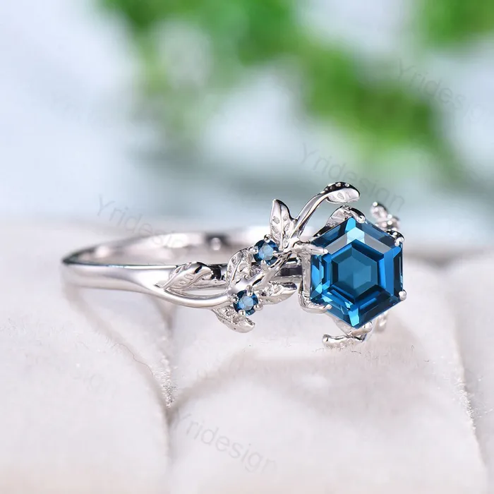 Rings PENFINE Twig London Blue Topaz Ring Vintage Hexagon cut Natural Inspired Leaf engagement ring white gold branch wedding ring November birthstone Rings PENFINE Twig London Blue Topaz Ring Vintage Hexagon cut Natural Inspired Leaf engagement ring white gold branch wedding ring November birthstone