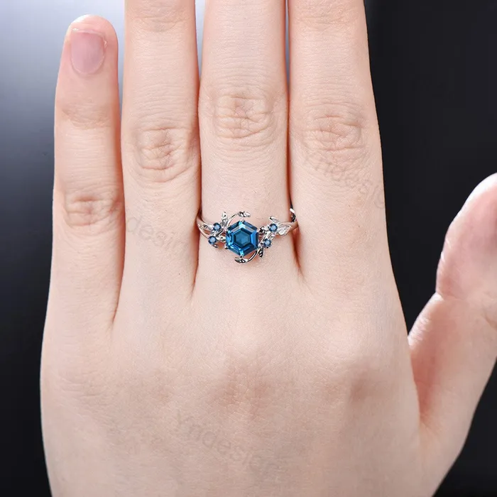 Rings PENFINE Twig London Blue Topaz Ring Vintage Hexagon cut Natural Inspired Leaf engagement ring white gold branch wedding ring November birthstone Rings PENFINE Twig London Blue Topaz Ring Vintage Hexagon cut Natural Inspired Leaf engagement ring white gold branch wedding ring November birthstone