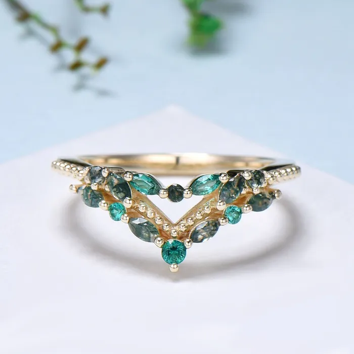 Rings PENFINE Unique moss agate Wedding Band Marquise cut emerald band rose gold wedding ring Art Deco Green Crystal Stacking matching band for women Rings PENFINE Unique moss agate Wedding Band Marquise cut emerald band rose gold wedding ring Art Deco Green Crystal Stacking matching band for women