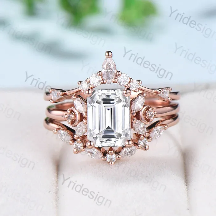 Rings PENFINE Vintage Emerald Cut Moissanite Engagement Ring Set 14K Rose Gold Unique Moissanite Diamond Wedding Ring For Women Art Deco Bridal Ring Set Rings PENFINE Vintage Emerald Cut Moissanite Engagement Ring Set 14K Rose Gold Unique Moissanite Diamond Wedding Ring For Women Art Deco Bridal Ring Set