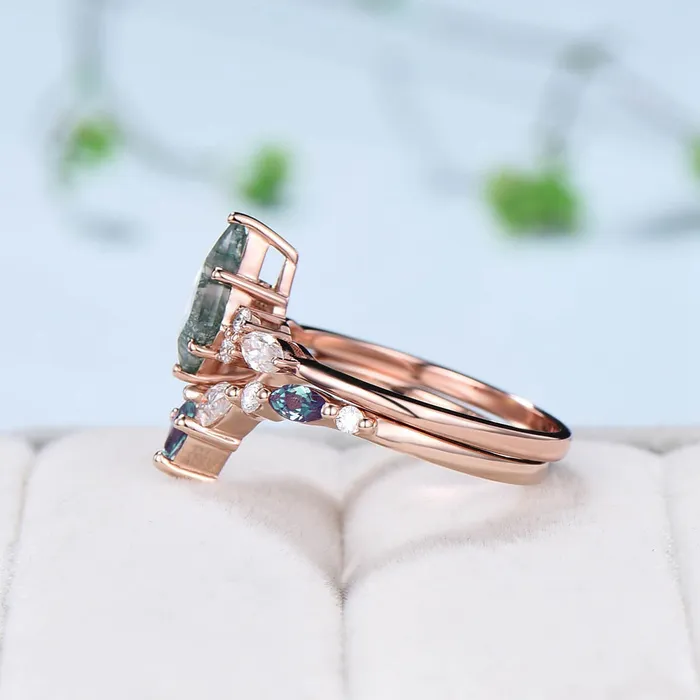 Rings PENFINE Vintage moss agate ring rose gold unique Kite cut aquatic agate engagement ring cluster alexandrite moissanite gold bridal wedding ring set Rings PENFINE Vintage moss agate ring rose gold unique Kite cut aquatic agate engagement ring cluster alexandrite moissanite gold bridal wedding ring set