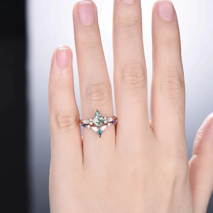 Rings PENFINE Vintage moss agate ring rose gold unique Kite cut aquatic agate engagement ring cluster alexandrite moissanite gold bridal wedding ring set Rings PENFINE Vintage moss agate ring rose gold unique Kite cut aquatic agate engagement ring cluster alexandrite moissanite gold bridal wedding ring set