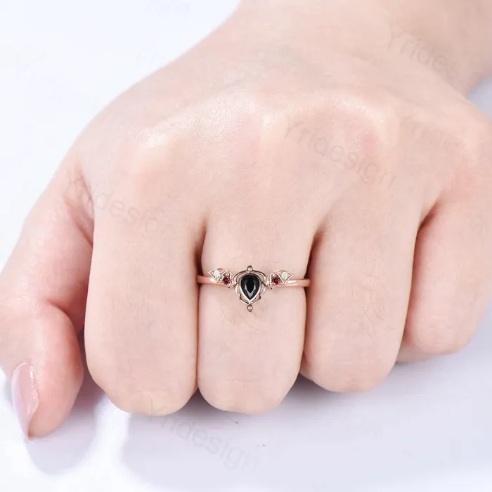Rings Unique Teardrop Black Onyx Ring Lotus Bat Art Deco Onyx Garnet Engagement Ring Vintage Handmade Anniversary Proposal Gifts For Daughter PENFINE Rings Unique Teardrop Black Onyx Ring Lotus Bat Art Deco Onyx Garnet Engagement Ring Vintage Handmade Anniversary Proposal Gifts For Daughter PENFINE