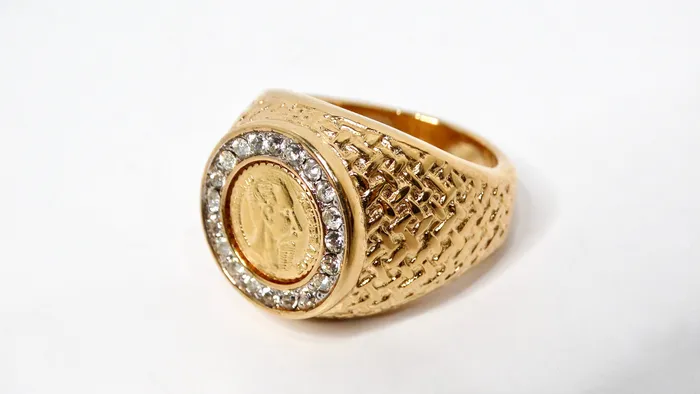 Rings Vintage by Misty 1990s Maximillano Emperador Coin 14k Gold Plated Crystal Etched Cocktail Ring