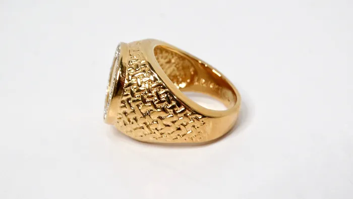Rings Vintage by Misty 1990s Maximillano Emperador Coin 14k Gold Plated Crystal Etched Cocktail Ring