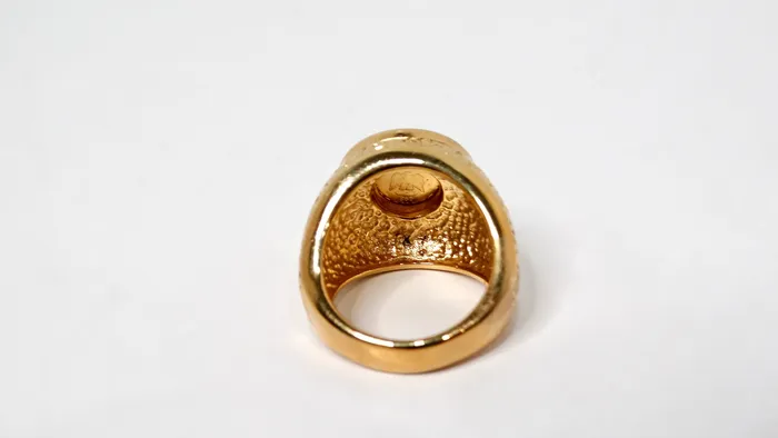 Rings Vintage by Misty 1990s Maximillano Emperador Coin 14k Gold Plated Crystal Etched Cocktail Ring