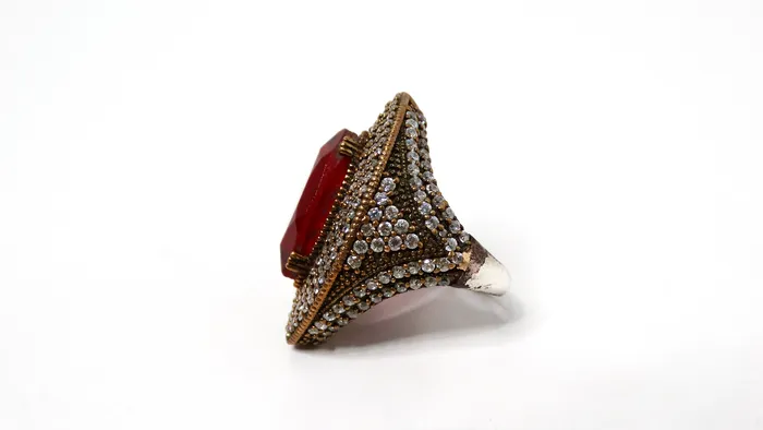 Rings Vintage by Misty Vintage Costume Ruby Rhinestone Brass Cocktail Ring