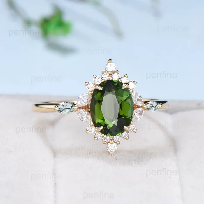 Rings Vintage Oval Natural Green Tourmaline Engagement Rings Halo Diamond Marquise Cut Agate Wedding Ring Art Deco Green Crystal Anniversary Ring PENFINE Rings Vintage Oval Natural Green Tourmaline Engagement Rings Halo Diamond Marquise Cut Agate Wedding Ring Art Deco Green Crystal Anniversary Ring PENFINE