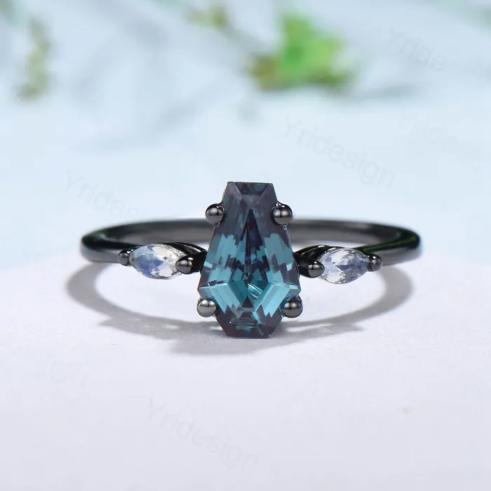 Unique Black Gold Coffin Shape Alexandrite Ring Marquise Moonstone Shield Shape Alexandrite Engagement Ring June Birthstone Anniversary Gift PENFINE Rings Unique Black Gold Coffin Shape Alexandrite Ring Marquise Moonstone Shield Shape Alexandrite Engagement Ring June Birthstone Anniversary Gift PENFINE Rings