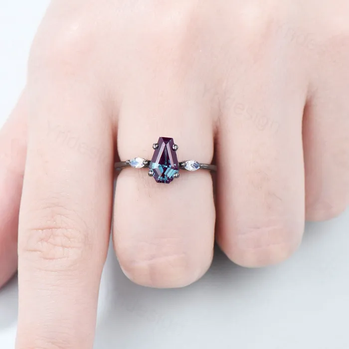 Unique Black Gold Coffin Shape Alexandrite Ring Marquise Moonstone Shield Shape Alexandrite Engagement Ring June Birthstone Anniversary Gift PENFINE Rings Unique Black Gold Coffin Shape Alexandrite Ring Marquise Moonstone Shield Shape Alexandrite Engagement Ring June Birthstone Anniversary Gift PENFINE Rings