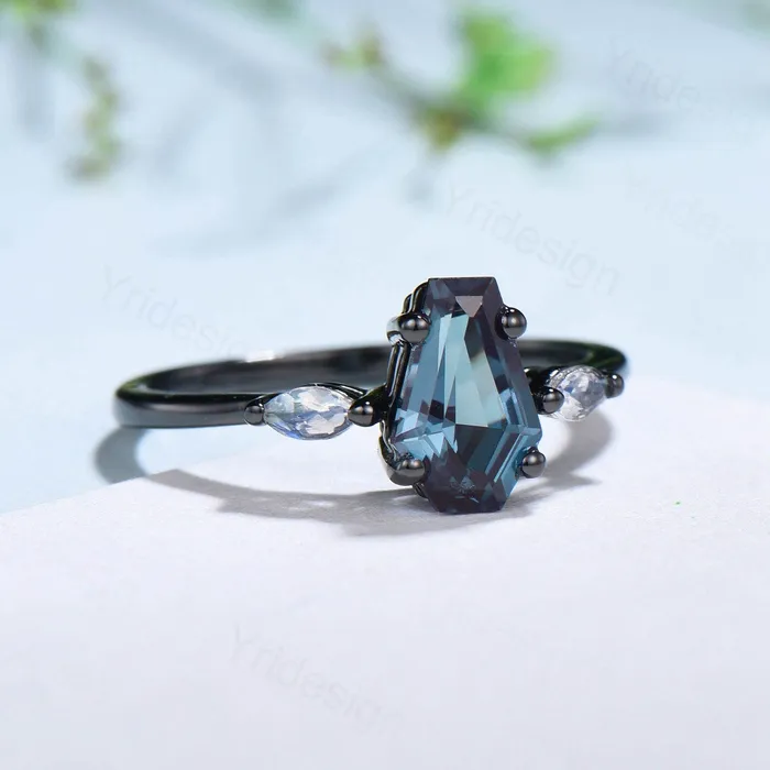 Unique Black Gold Coffin Shape Alexandrite Ring Marquise Moonstone Shield Shape Alexandrite Engagement Ring June Birthstone Anniversary Gift PENFINE Rings Unique Black Gold Coffin Shape Alexandrite Ring Marquise Moonstone Shield Shape Alexandrite Engagement Ring June Birthstone Anniversary Gift PENFINE Rings