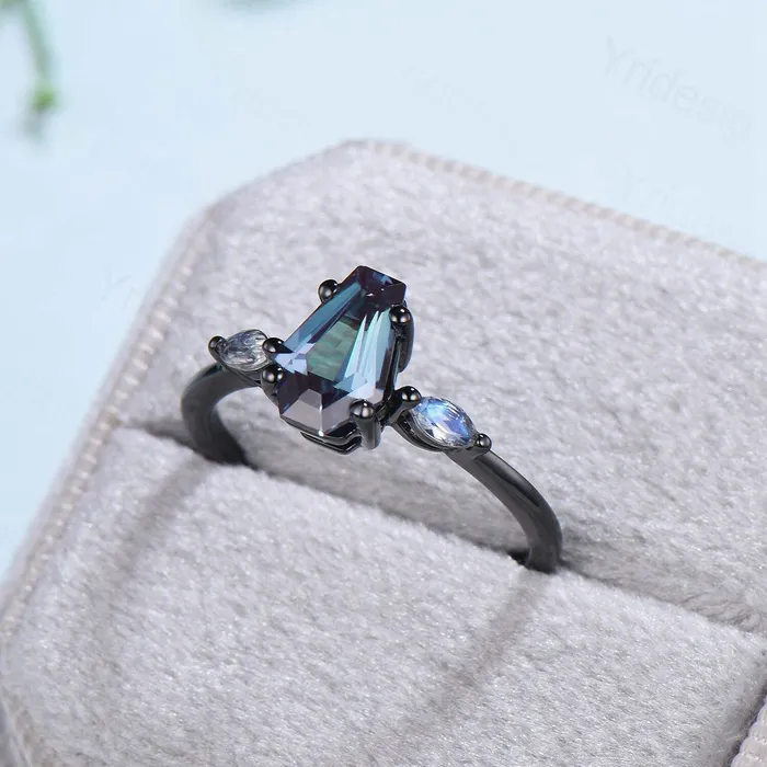 Unique Black Gold Coffin Shape Alexandrite Ring Marquise Moonstone Shield Shape Alexandrite Engagement Ring June Birthstone Anniversary Gift PENFINE Rings Unique Black Gold Coffin Shape Alexandrite Ring Marquise Moonstone Shield Shape Alexandrite Engagement Ring June Birthstone Anniversary Gift PENFINE Rings