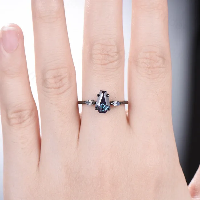 Unique Black Gold Coffin Shape Alexandrite Ring Marquise Moonstone Shield Shape Alexandrite Engagement Ring June Birthstone Anniversary Gift PENFINE Rings Unique Black Gold Coffin Shape Alexandrite Ring Marquise Moonstone Shield Shape Alexandrite Engagement Ring June Birthstone Anniversary Gift PENFINE Rings