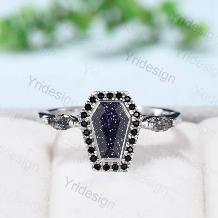 Unique Coffin Cut Blue Sandstone Engagement Ring Art Deco Marquise Black Quartz Wedding Ring Halo Diamond WeddingBirthday Gift for Women PENFINE Rings Unique Coffin Cut Blue Sandstone Engagement Ring Art Deco Marquise Black Quartz Wedding Ring Halo Diamond WeddingBirthday Gift for Women PENFINE Rings