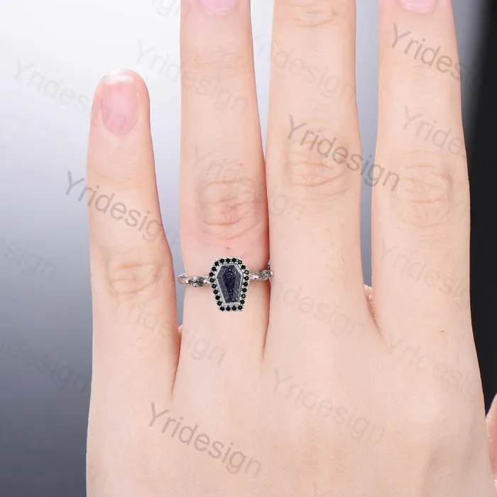 Unique Coffin Cut Blue Sandstone Engagement Ring Art Deco Marquise Black Quartz Wedding Ring Halo Diamond WeddingBirthday Gift for Women PENFINE Rings Unique Coffin Cut Blue Sandstone Engagement Ring Art Deco Marquise Black Quartz Wedding Ring Halo Diamond WeddingBirthday Gift for Women PENFINE Rings