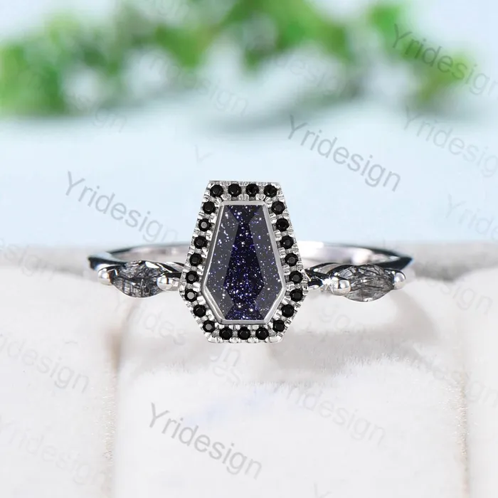 Unique Coffin Cut Blue Sandstone Engagement Ring Art Deco Marquise Black Quartz Wedding Ring Halo Diamond WeddingBirthday Gift for Women PENFINE Rings Unique Coffin Cut Blue Sandstone Engagement Ring Art Deco Marquise Black Quartz Wedding Ring Halo Diamond WeddingBirthday Gift for Women PENFINE Rings