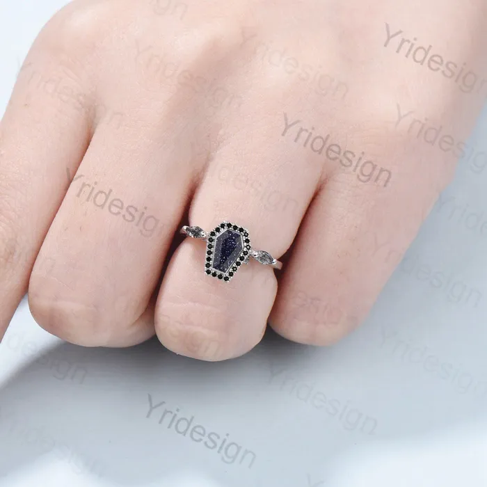 Unique Coffin Cut Blue Sandstone Engagement Ring Art Deco Marquise Black Quartz Wedding Ring Halo Diamond WeddingBirthday Gift for Women PENFINE Rings Unique Coffin Cut Blue Sandstone Engagement Ring Art Deco Marquise Black Quartz Wedding Ring Halo Diamond WeddingBirthday Gift for Women PENFINE Rings