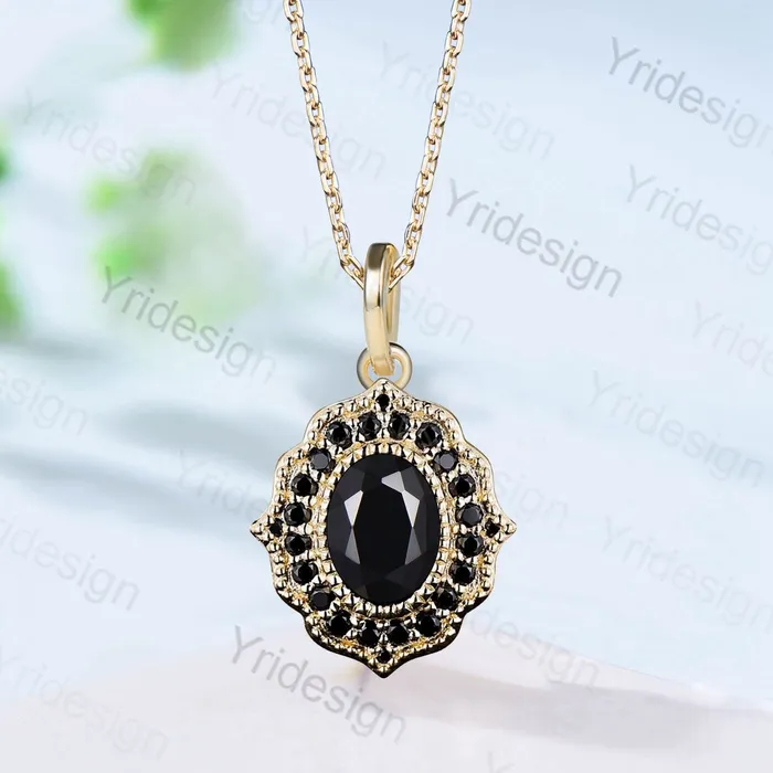 Vintage black onyx pendant necklace Unique oval cut black stone spinel pendant halo solid 14k18k gold pendant necklace for girl PENFINE Necklaces Vintage black onyx pendant necklace Unique oval cut black stone spinel pendant halo solid 14k18k gold pendant necklace for girl PENFINE Necklaces