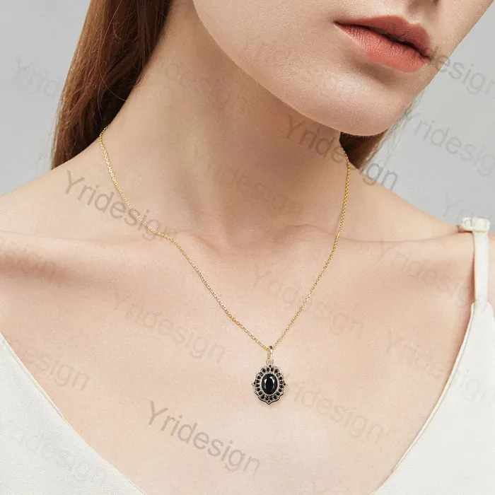 Vintage black onyx pendant necklace Unique oval cut black stone spinel pendant halo solid 14k18k gold pendant necklace for girl PENFINE Necklaces Vintage black onyx pendant necklace Unique oval cut black stone spinel pendant halo solid 14k18k gold pendant necklace for girl PENFINE Necklaces