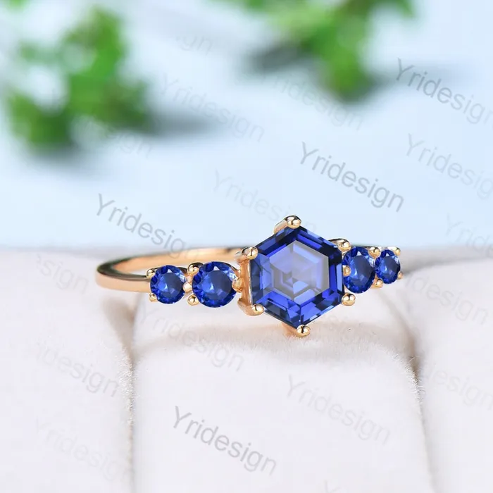 Vintage blue sapphire gold ring Unique hexagon cut healing sapphire engagement ring five stone minimalist personalized wedding ring women PENFINE Rings
