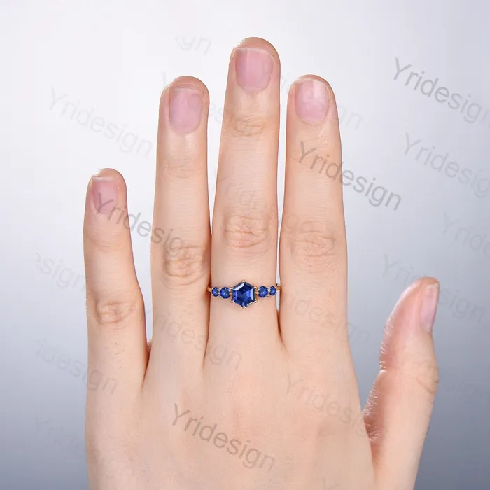 Vintage blue sapphire gold ring Unique hexagon cut healing sapphire engagement ring five stone minimalist personalized wedding ring women PENFINE Rings Vintage blue sapphire gold ring Unique hexagon cut healing sapphire engagement ring five stone minimalist personalized wedding ring women PENFINE Rings